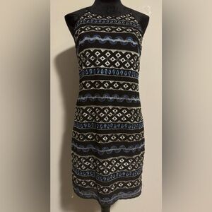 EUC White House Black Market Blue, Black and White Embroidered Dress Size Small